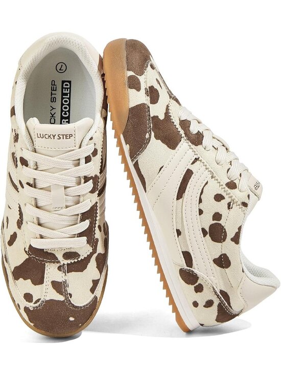 Shoes - Women's Cow Print Lightweight Thin Sole Lace up Anti Slip Classic Retro Sneakers